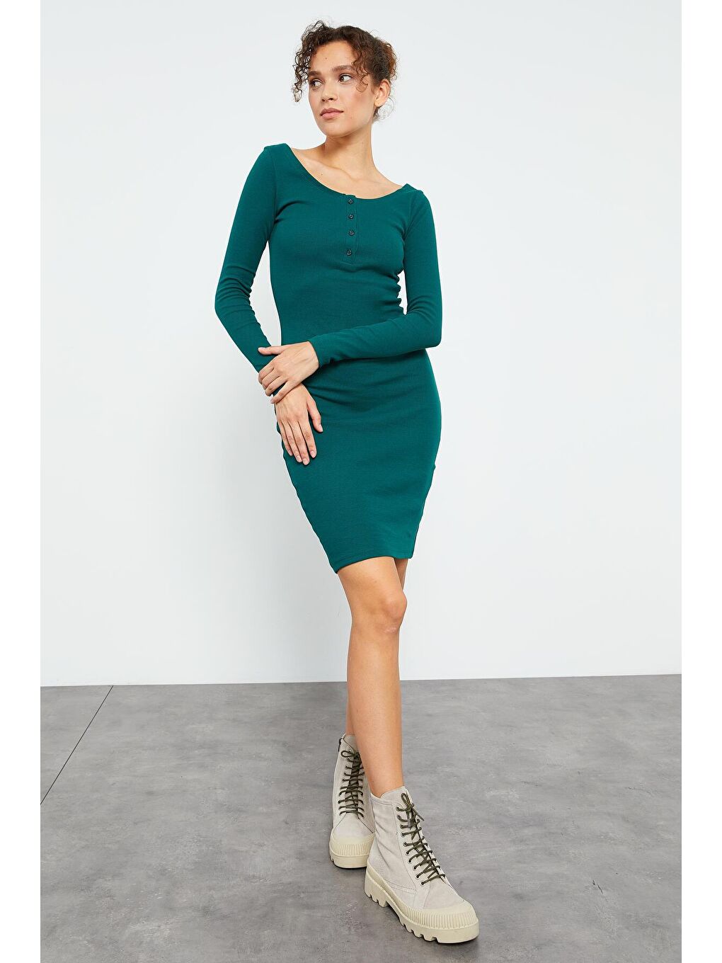 Yeşil Kaşkorse Triko Dar Kalıp Patlı Yaka Kadın Elbise - 97116