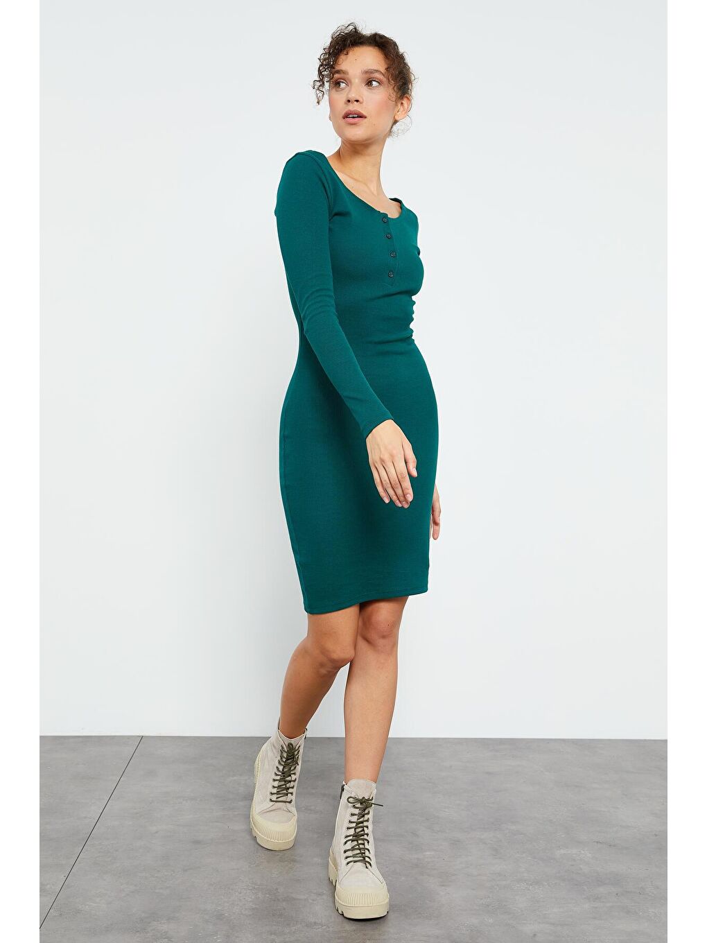 Yeşil Kaşkorse Triko Dar Kalıp Patlı Yaka Kadın Elbise - 97116-2