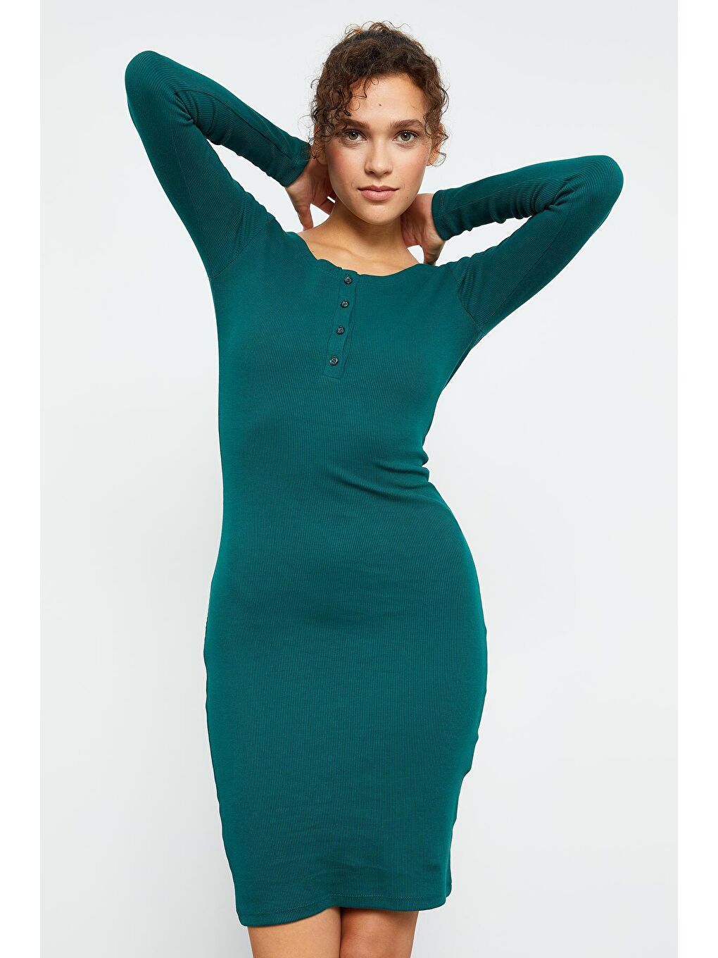 Yeşil Kaşkorse Triko Dar Kalıp Patlı Yaka Kadın Elbise - 97116-3