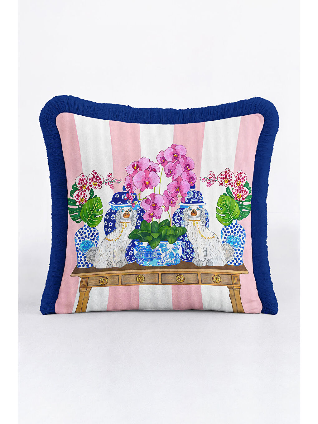 Karışık Lüks Saray Saçaklı Yastık Kılıfı - Çiçekli Chinoiserie Bohem Mavi Kenarlı Püsküllü Kırlent Kılıfı-1
