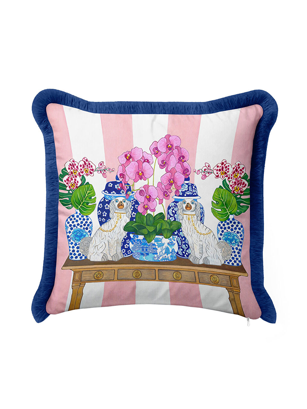 Karışık Lüks Saray Saçaklı Yastık Kılıfı - Çiçekli Chinoiserie Bohem Mavi Kenarlı Püsküllü Kırlent Kılıfı-2
