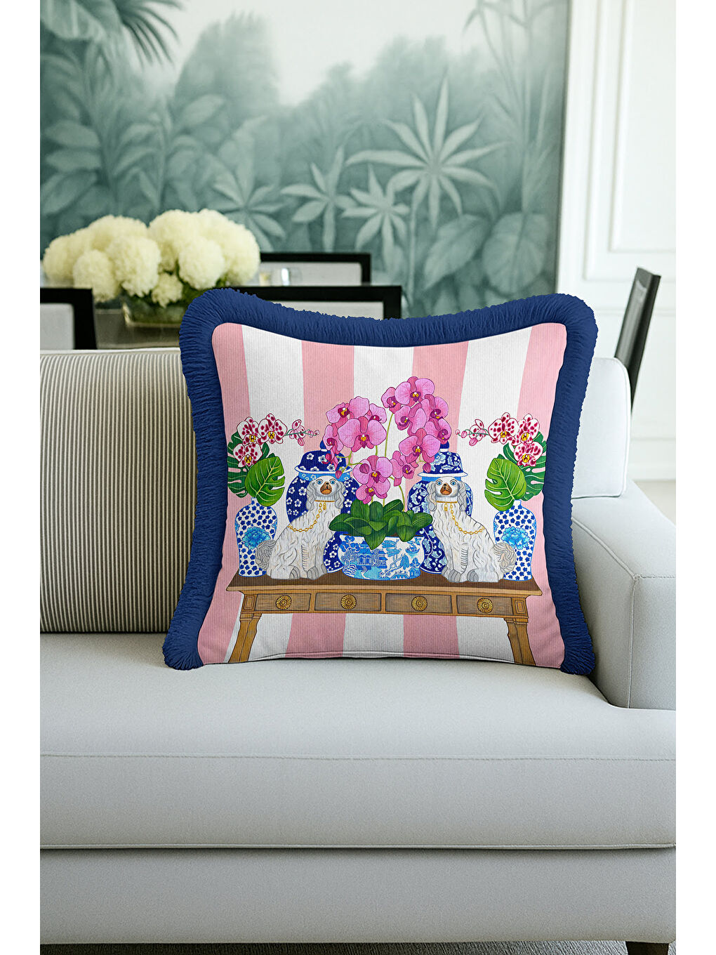 Karışık Lüks Saray Saçaklı Yastık Kılıfı - Çiçekli Chinoiserie Bohem Mavi Kenarlı Püsküllü Kırlent Kılıfı-3