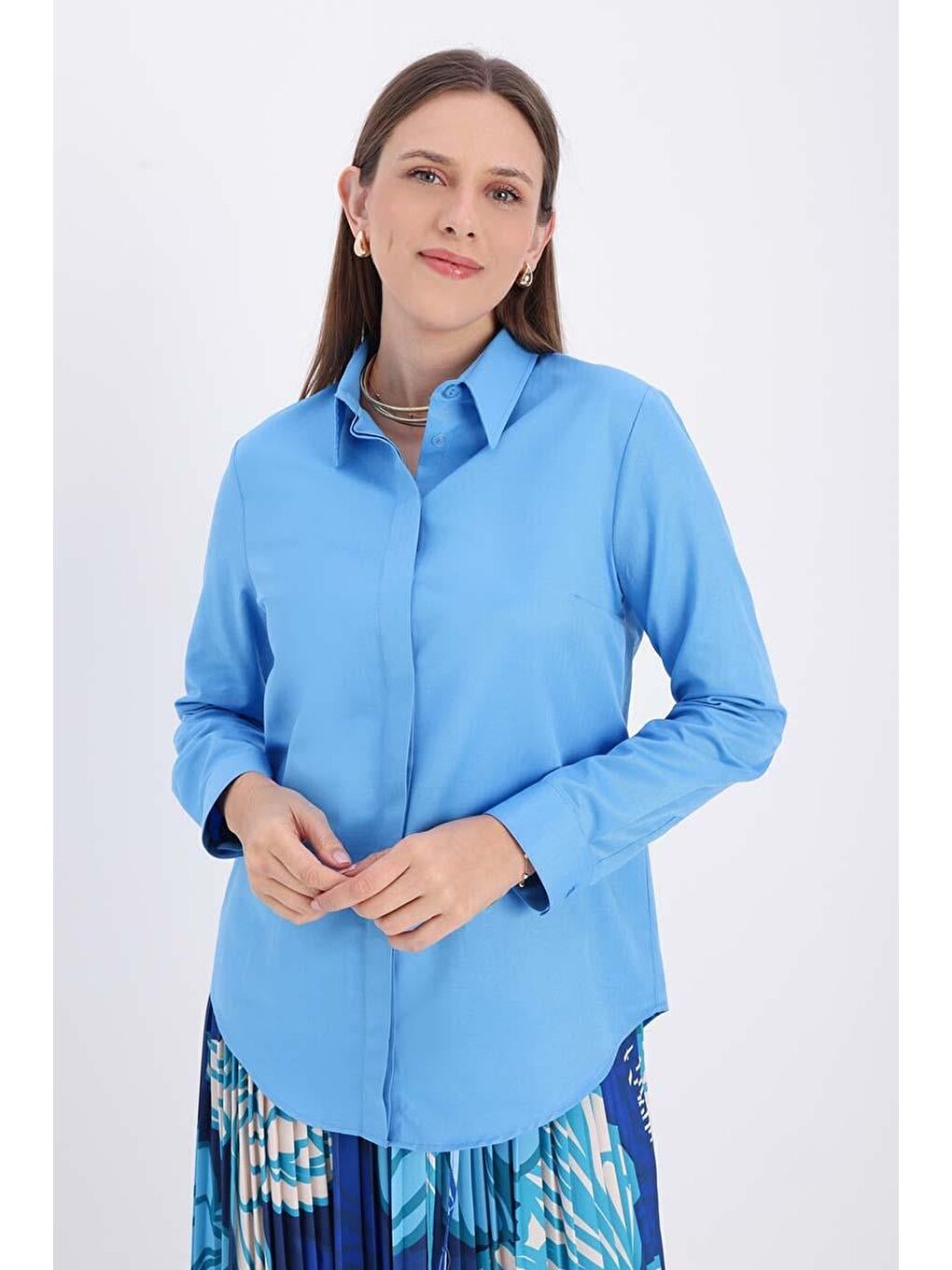 Turkuaz Pamuklu Gizli Patlı Gömlek
