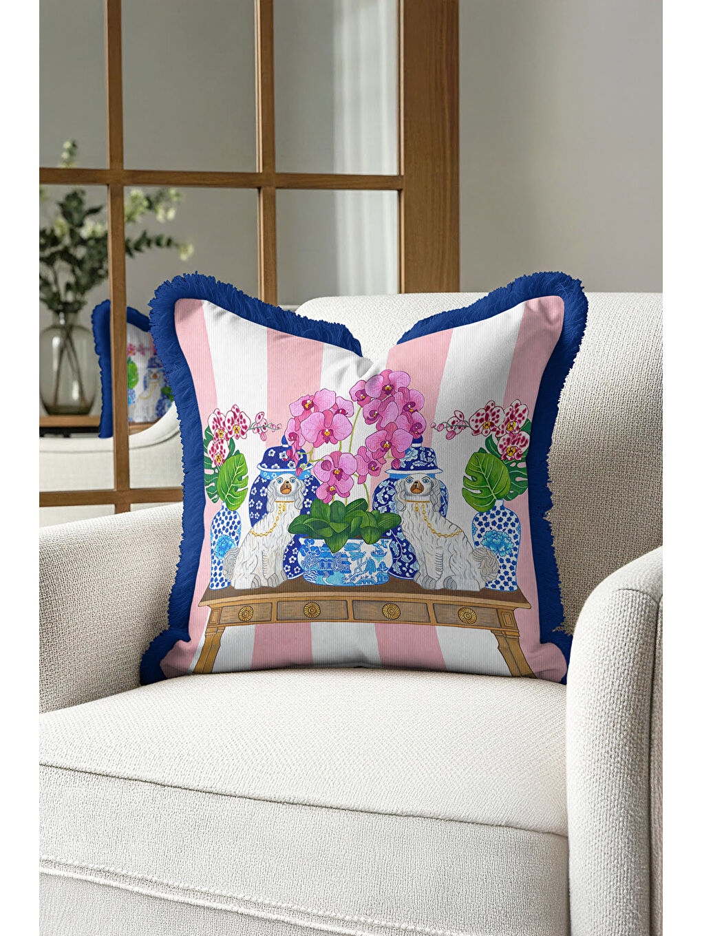 Karışık Lüks Saray Saçaklı Yastık Kılıfı - Çiçekli Chinoiserie Bohem Mavi Kenarlı Püsküllü Kırlent Kılıfı-4
