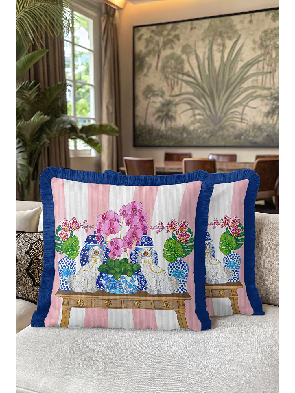 Karışık Lüks Saray Saçaklı Yastık Kılıfı - Çiçekli Chinoiserie Bohem Mavi Kenarlı Püsküllü Kırlent Kılıfı-5