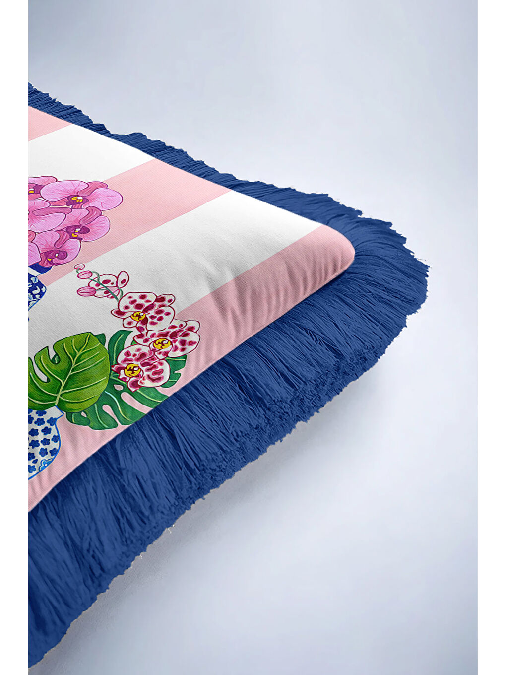 Karışık Lüks Saray Saçaklı Yastık Kılıfı - Çiçekli Chinoiserie Bohem Mavi Kenarlı Püsküllü Kırlent Kılıfı-6