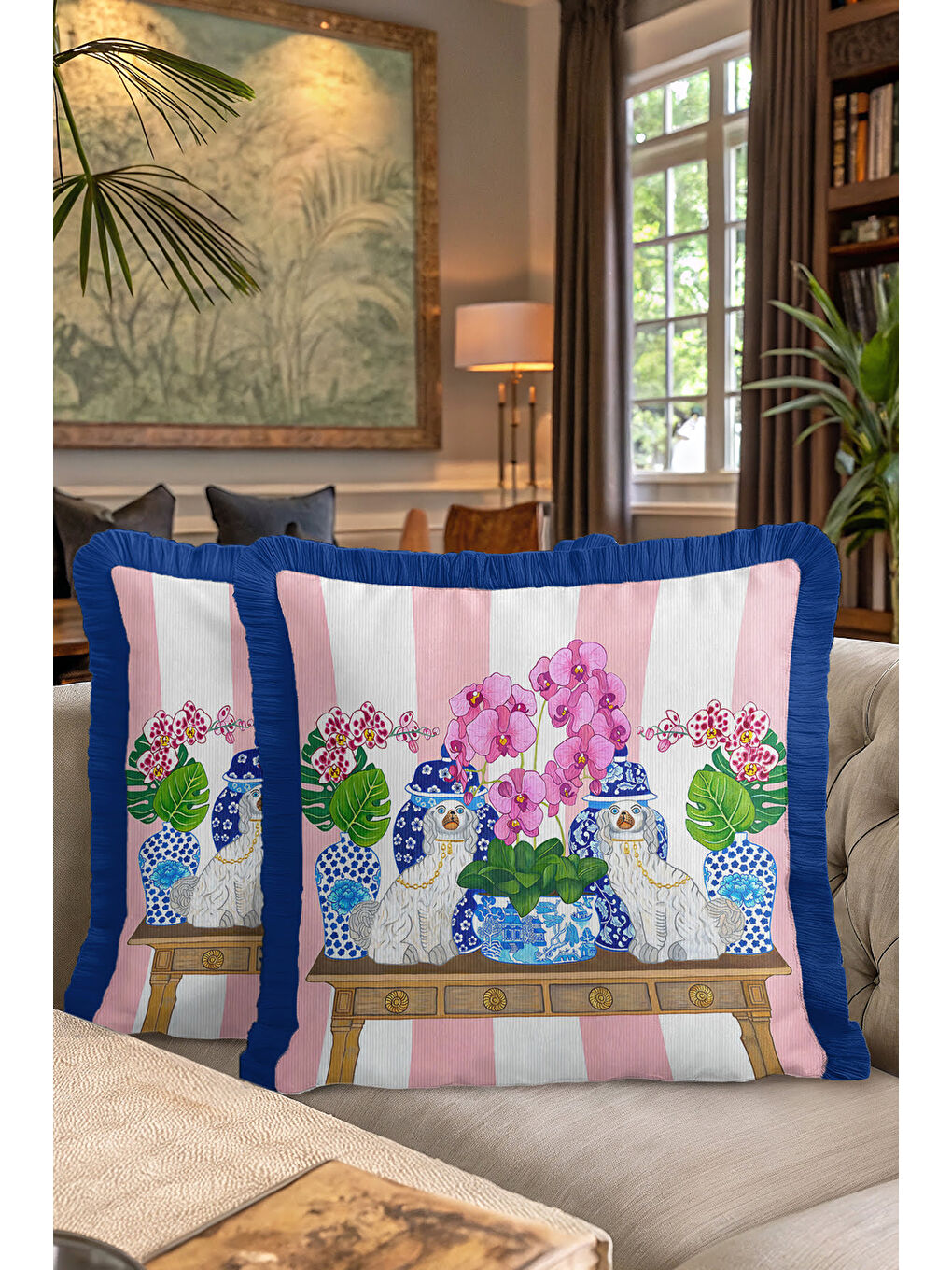 Karışık Lüks Saray Saçaklı Yastık Kılıfı - Çiçekli Chinoiserie Bohem Mavi Kenarlı Püsküllü Kırlent Kılıfı-7