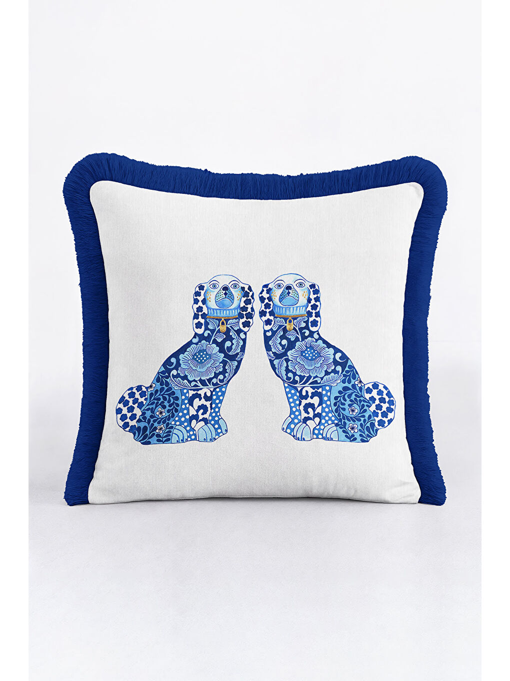 Karışık Lüks Mavi Köpek Saçaklı Yastık Kılıfı - İngiliz Stil Klasik Ev Lacivert Püsküllü Kırlent Kılıfı