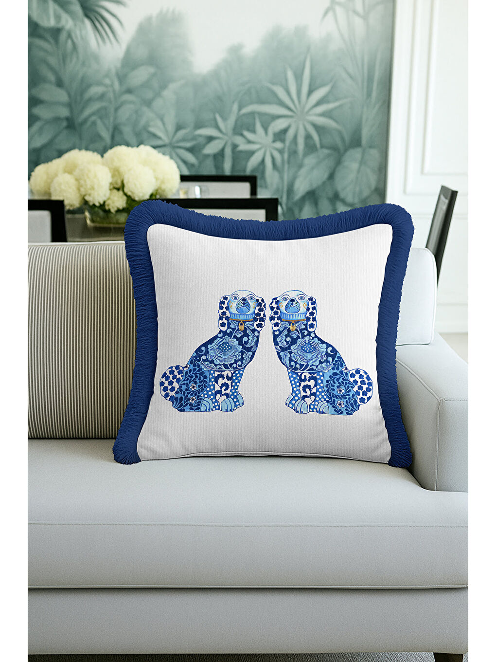 Karışık Lüks Mavi Köpek Saçaklı Yastık Kılıfı - İngiliz Stil Klasik Ev Lacivert Püsküllü Kırlent Kılıfı-1