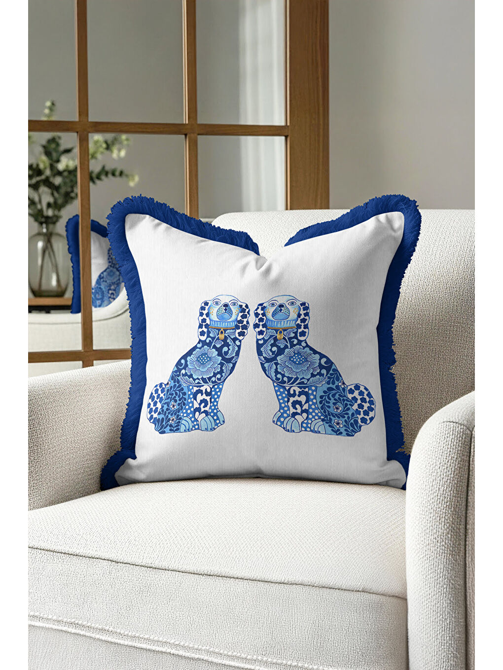 Karışık Lüks Mavi Köpek Saçaklı Yastık Kılıfı - İngiliz Stil Klasik Ev Lacivert Püsküllü Kırlent Kılıfı-2