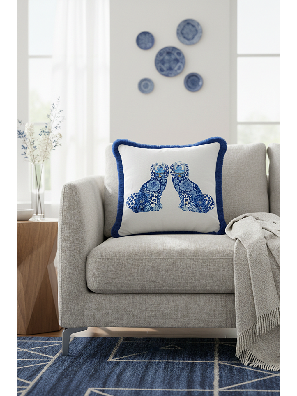 Karışık Lüks Mavi Köpek Saçaklı Yastık Kılıfı - İngiliz Stil Klasik Ev Lacivert Püsküllü Kırlent Kılıfı-4