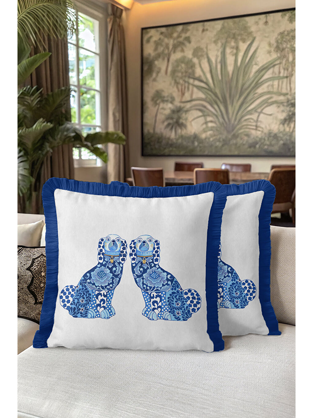 Karışık Lüks Mavi Köpek Saçaklı Yastık Kılıfı - İngiliz Stil Klasik Ev Lacivert Püsküllü Kırlent Kılıfı-5