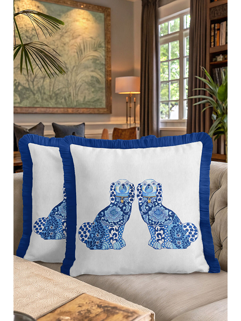 Karışık Lüks Mavi Köpek Saçaklı Yastık Kılıfı - İngiliz Stil Klasik Ev Lacivert Püsküllü Kırlent Kılıfı-7