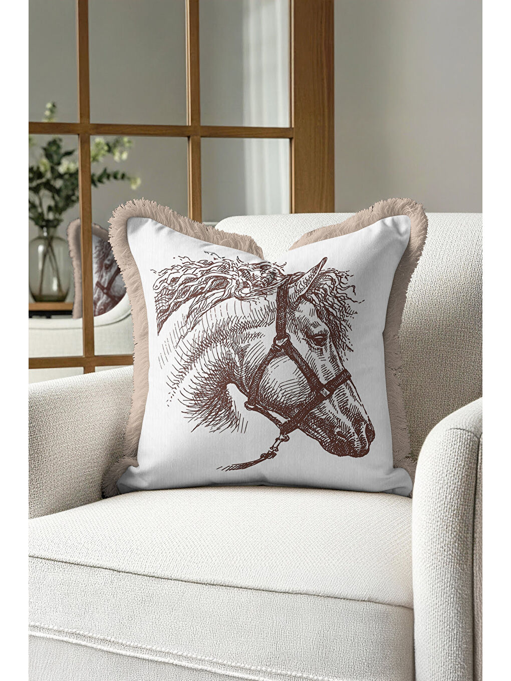 Karışık Klasik At İllüstrasyonlu Saçaklı Yastık Kılıfı - Vintage Bej Kahverengi Püsküllü Kırlent Kılıfı-1