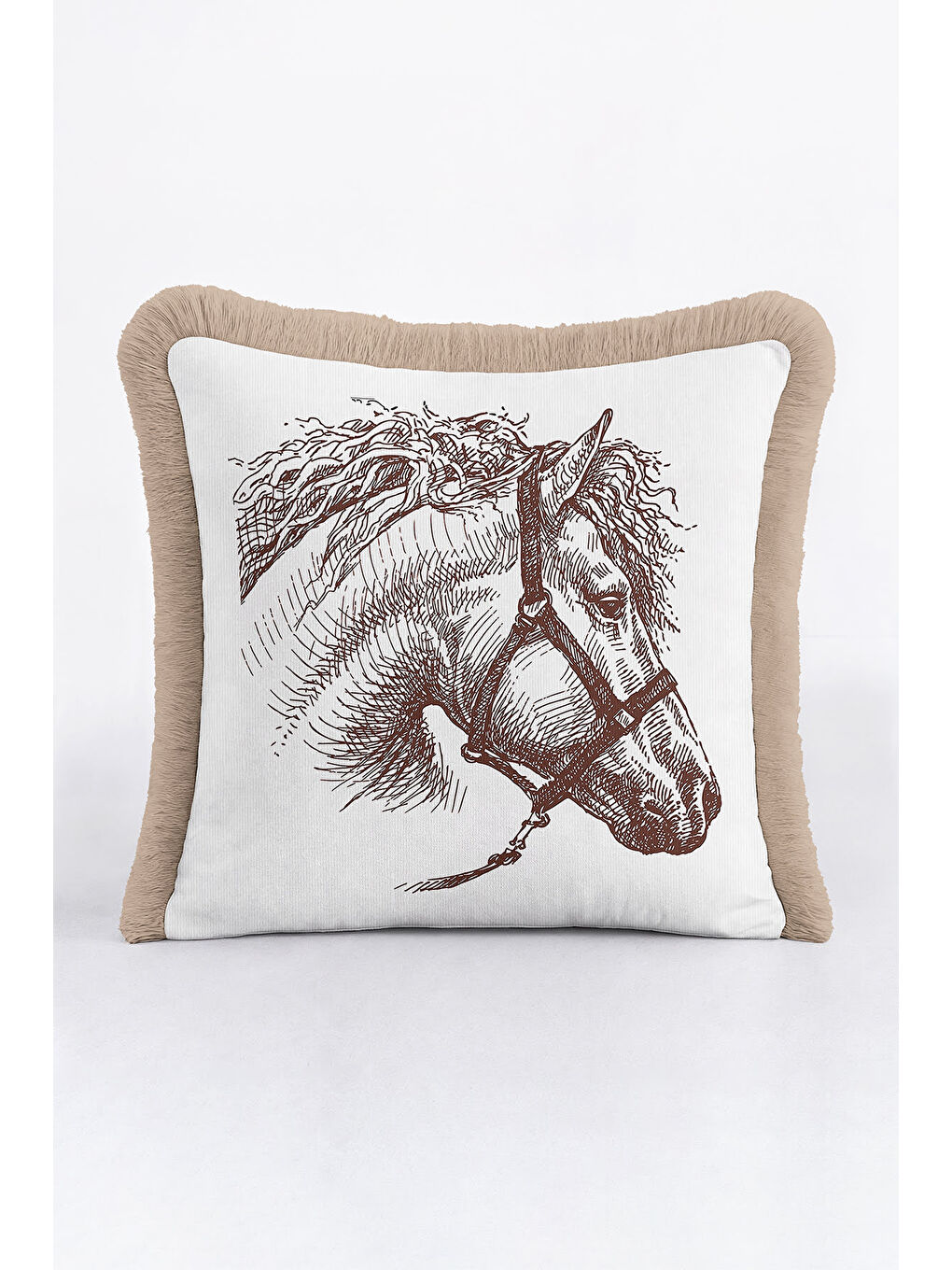 Karışık Klasik At İllüstrasyonlu Saçaklı Yastık Kılıfı - Vintage Bej Kahverengi Püsküllü Kırlent Kılıfı-2