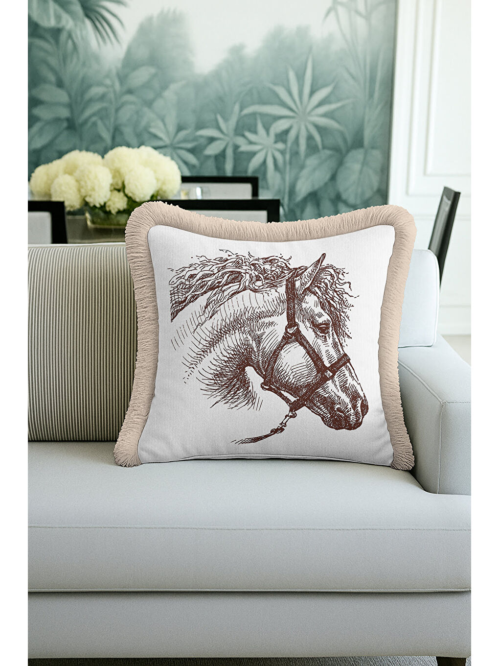 Karışık Klasik At İllüstrasyonlu Saçaklı Yastık Kılıfı - Vintage Bej Kahverengi Püsküllü Kırlent Kılıfı-3