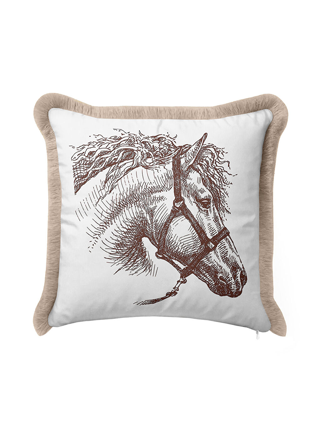 Karışık Klasik At İllüstrasyonlu Saçaklı Yastık Kılıfı - Vintage Bej Kahverengi Püsküllü Kırlent Kılıfı-4