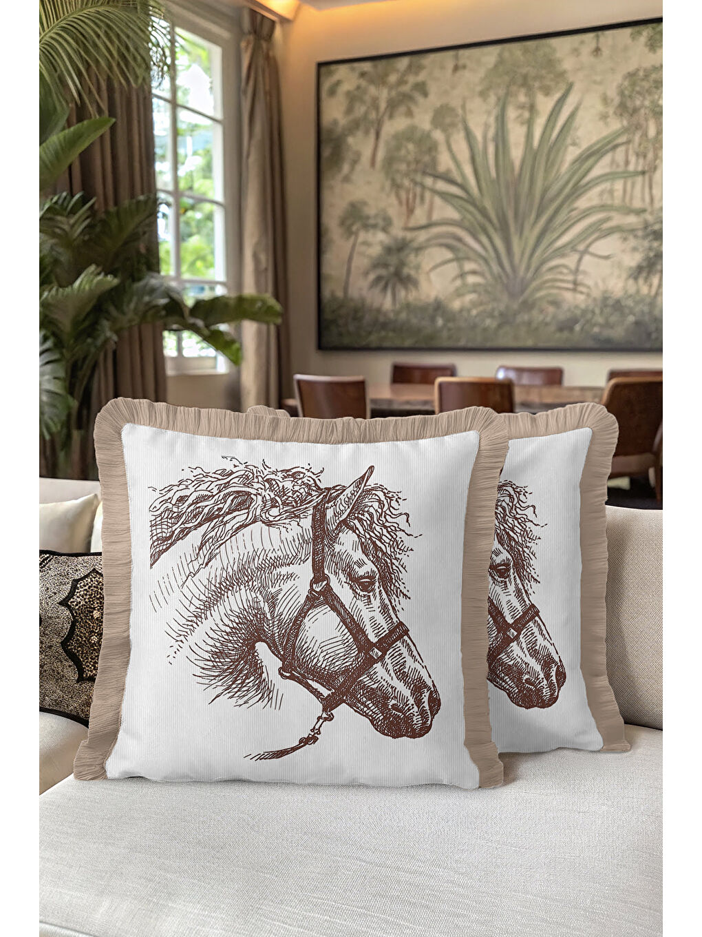 Karışık Klasik At İllüstrasyonlu Saçaklı Yastık Kılıfı - Vintage Bej Kahverengi Püsküllü Kırlent Kılıfı-5