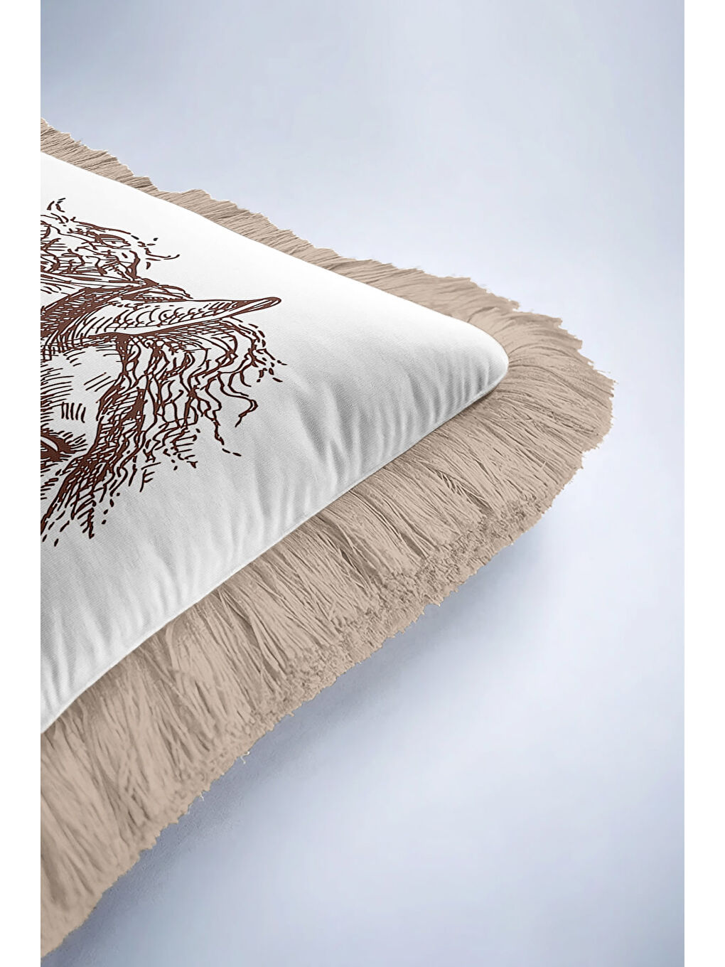 Karışık Klasik At İllüstrasyonlu Saçaklı Yastık Kılıfı - Vintage Bej Kahverengi Püsküllü Kırlent Kılıfı-6