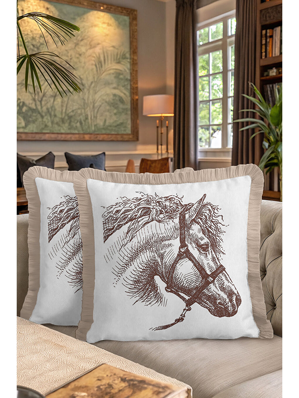 Karışık Klasik At İllüstrasyonlu Saçaklı Yastık Kılıfı - Vintage Bej Kahverengi Püsküllü Kırlent Kılıfı-7