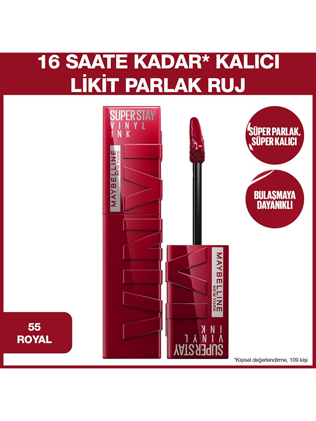 MAYBELLINE NEWYORK Kırmızı Super Stay Vinyl Ink Uzun Süre Kalıcı Likit Parlak Ruj 55 Royal