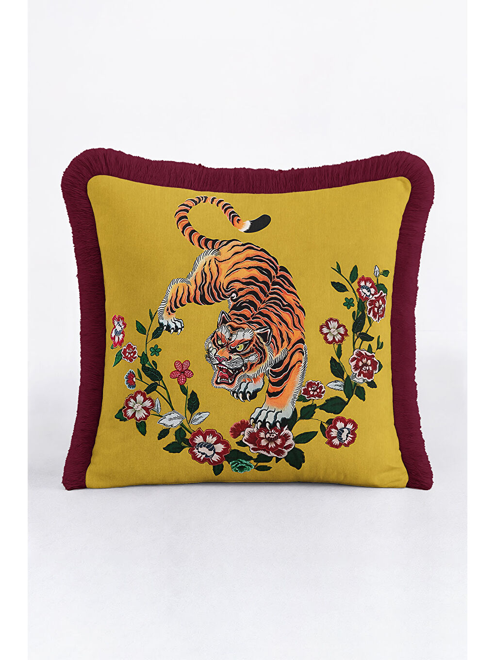 Karışık Asya Esintili Kaplan Motifli Saçaklı Yastık Kılıfı - Egzotik Çiçekler Bohem Püsküllü Kırlent Kılıfı-1