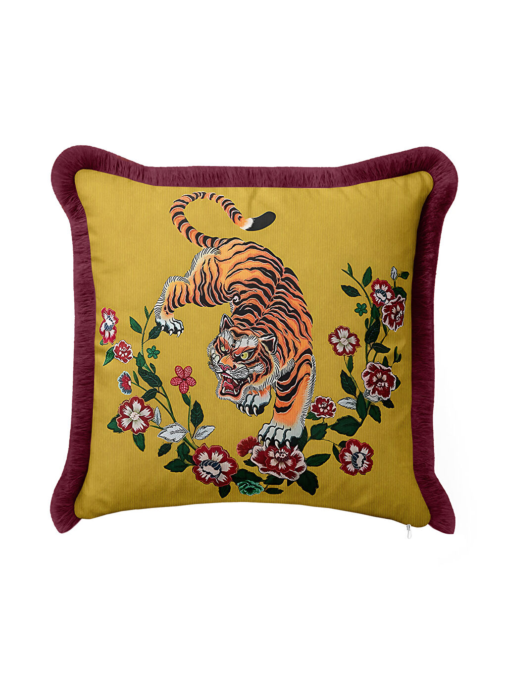 Karışık Asya Esintili Kaplan Motifli Saçaklı Yastık Kılıfı - Egzotik Çiçekler Bohem Püsküllü Kırlent Kılıfı-2