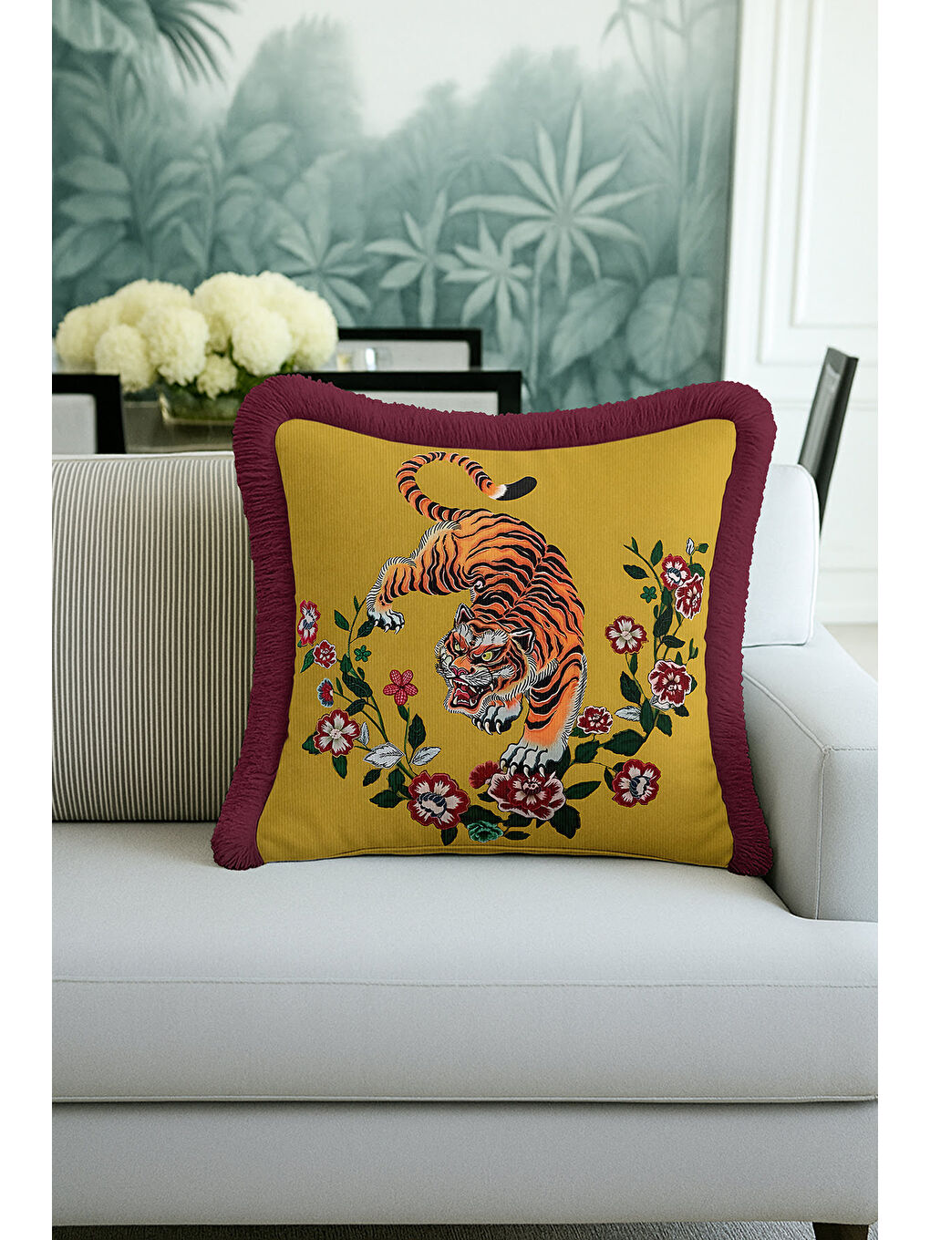 Karışık Asya Esintili Kaplan Motifli Saçaklı Yastık Kılıfı - Egzotik Çiçekler Bohem Püsküllü Kırlent Kılıfı-3