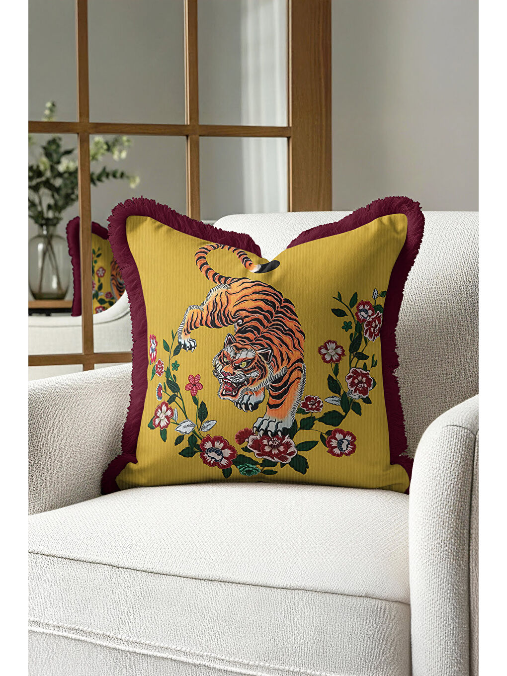 Karışık Asya Esintili Kaplan Motifli Saçaklı Yastık Kılıfı - Egzotik Çiçekler Bohem Püsküllü Kırlent Kılıfı-4