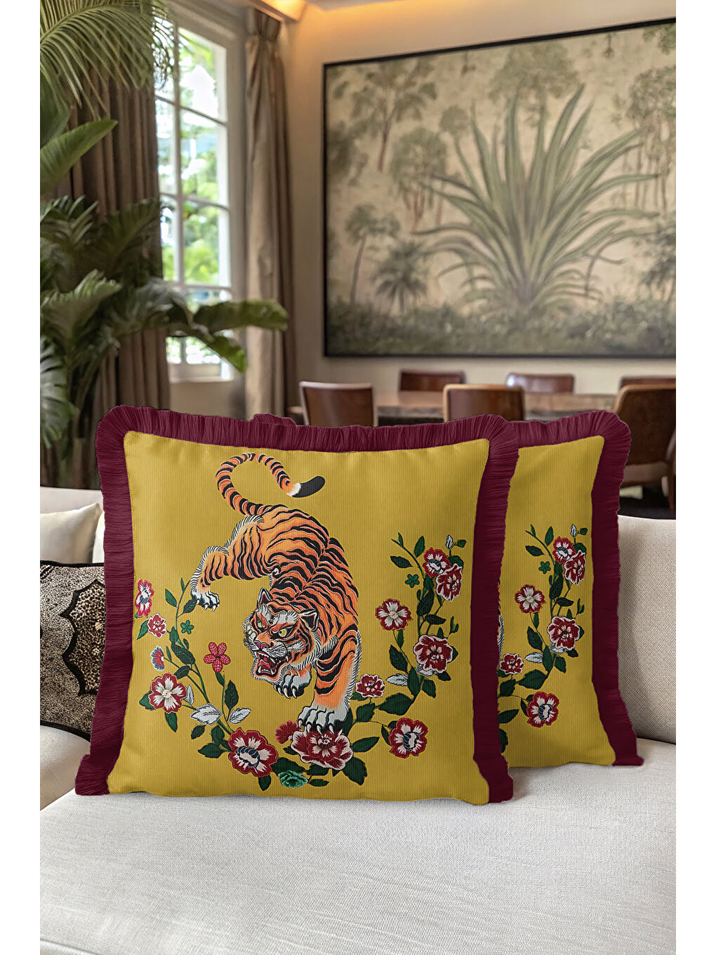 Karışık Asya Esintili Kaplan Motifli Saçaklı Yastık Kılıfı - Egzotik Çiçekler Bohem Püsküllü Kırlent Kılıfı-5