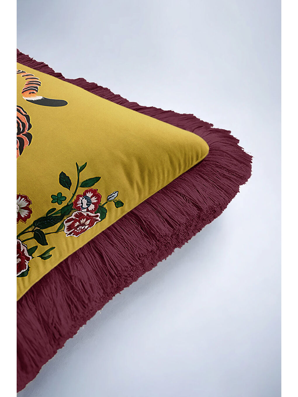 Karışık Asya Esintili Kaplan Motifli Saçaklı Yastık Kılıfı - Egzotik Çiçekler Bohem Püsküllü Kırlent Kılıfı-6