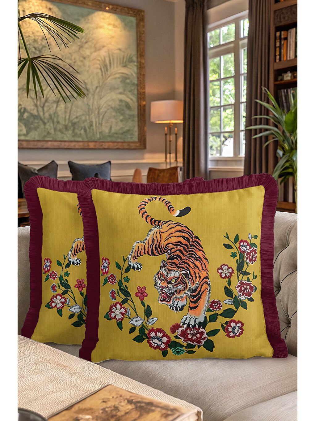 Karışık Asya Esintili Kaplan Motifli Saçaklı Yastık Kılıfı - Egzotik Çiçekler Bohem Püsküllü Kırlent Kılıfı-7