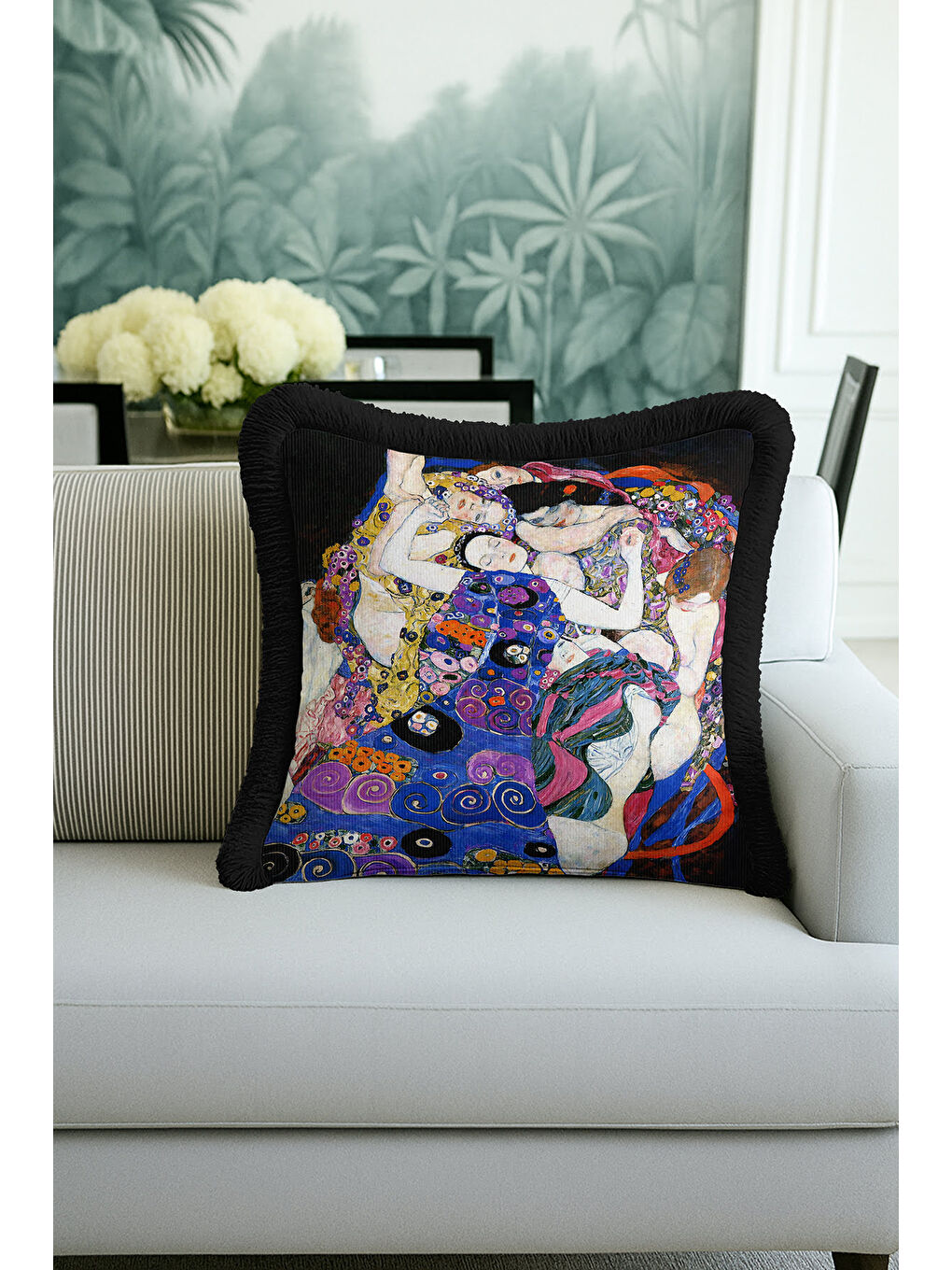 Karışık Sanatsal Lüks Saçaklı Yastık Kılıfı - Renkli Bohem Mor Saks Mavi Püsküllü Kırlent Kılıfı-1