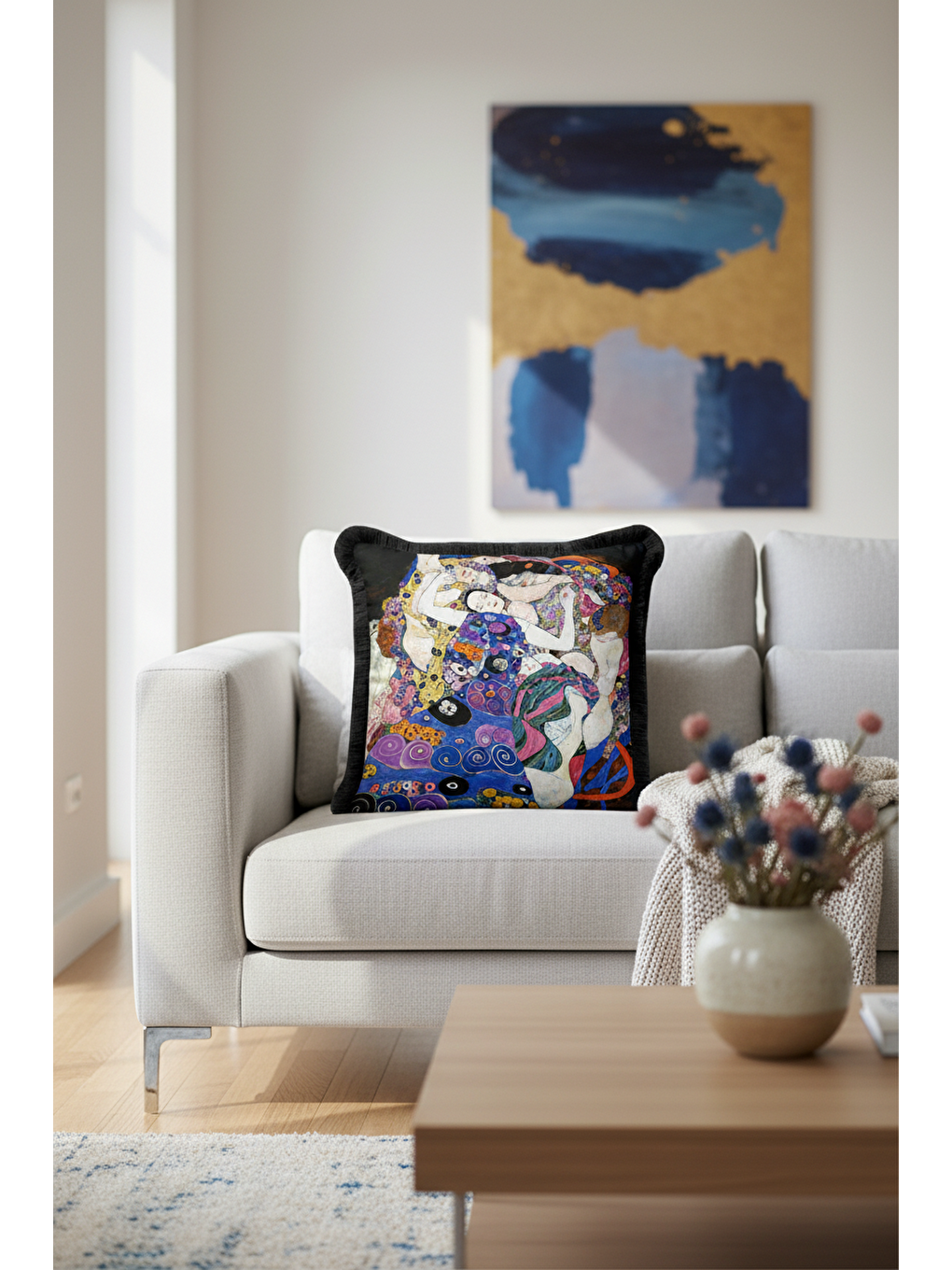 Karışık Sanatsal Lüks Saçaklı Yastık Kılıfı - Renkli Bohem Mor Saks Mavi Püsküllü Kırlent Kılıfı-3