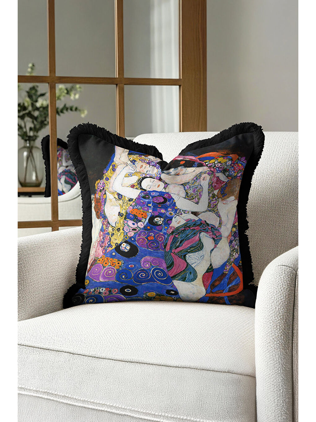 Karışık Sanatsal Lüks Saçaklı Yastık Kılıfı - Renkli Bohem Mor Saks Mavi Püsküllü Kırlent Kılıfı-4