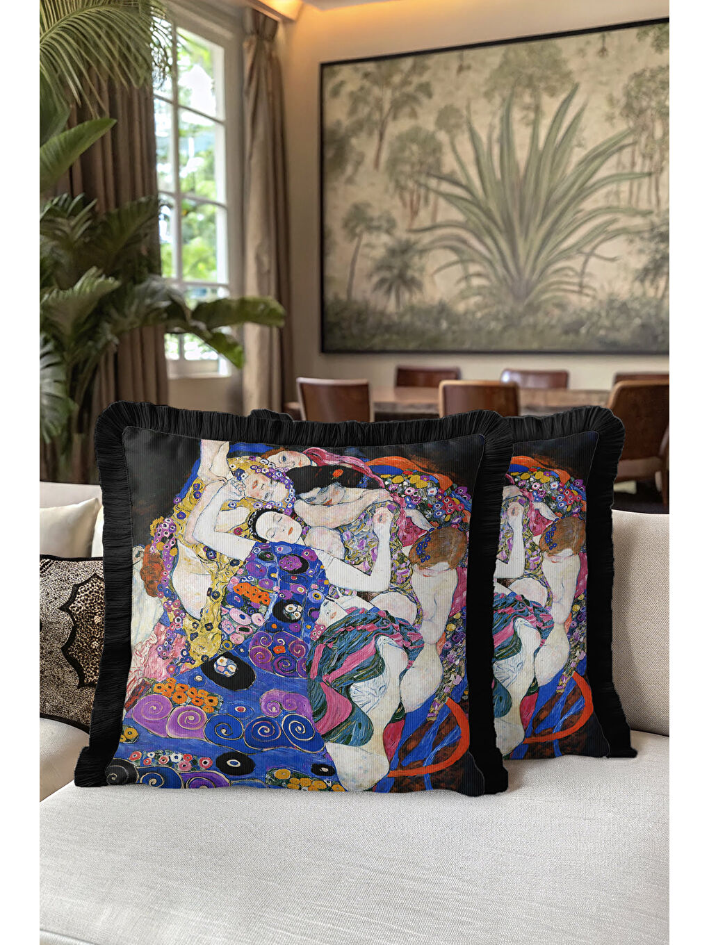 Karışık Sanatsal Lüks Saçaklı Yastık Kılıfı - Renkli Bohem Mor Saks Mavi Püsküllü Kırlent Kılıfı-5