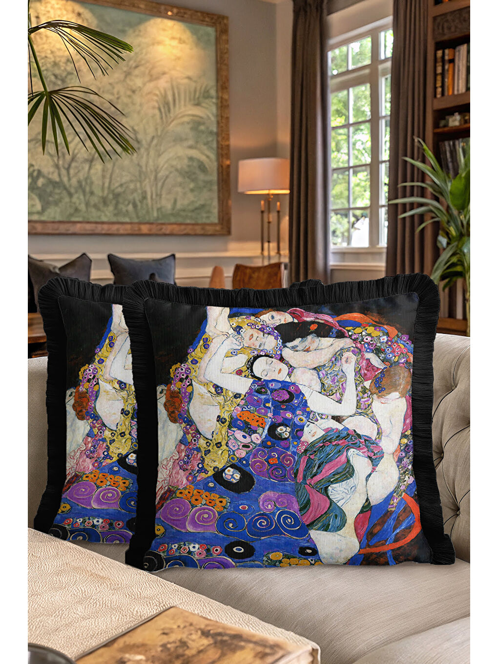 Karışık Sanatsal Lüks Saçaklı Yastık Kılıfı - Renkli Bohem Mor Saks Mavi Püsküllü Kırlent Kılıfı-7