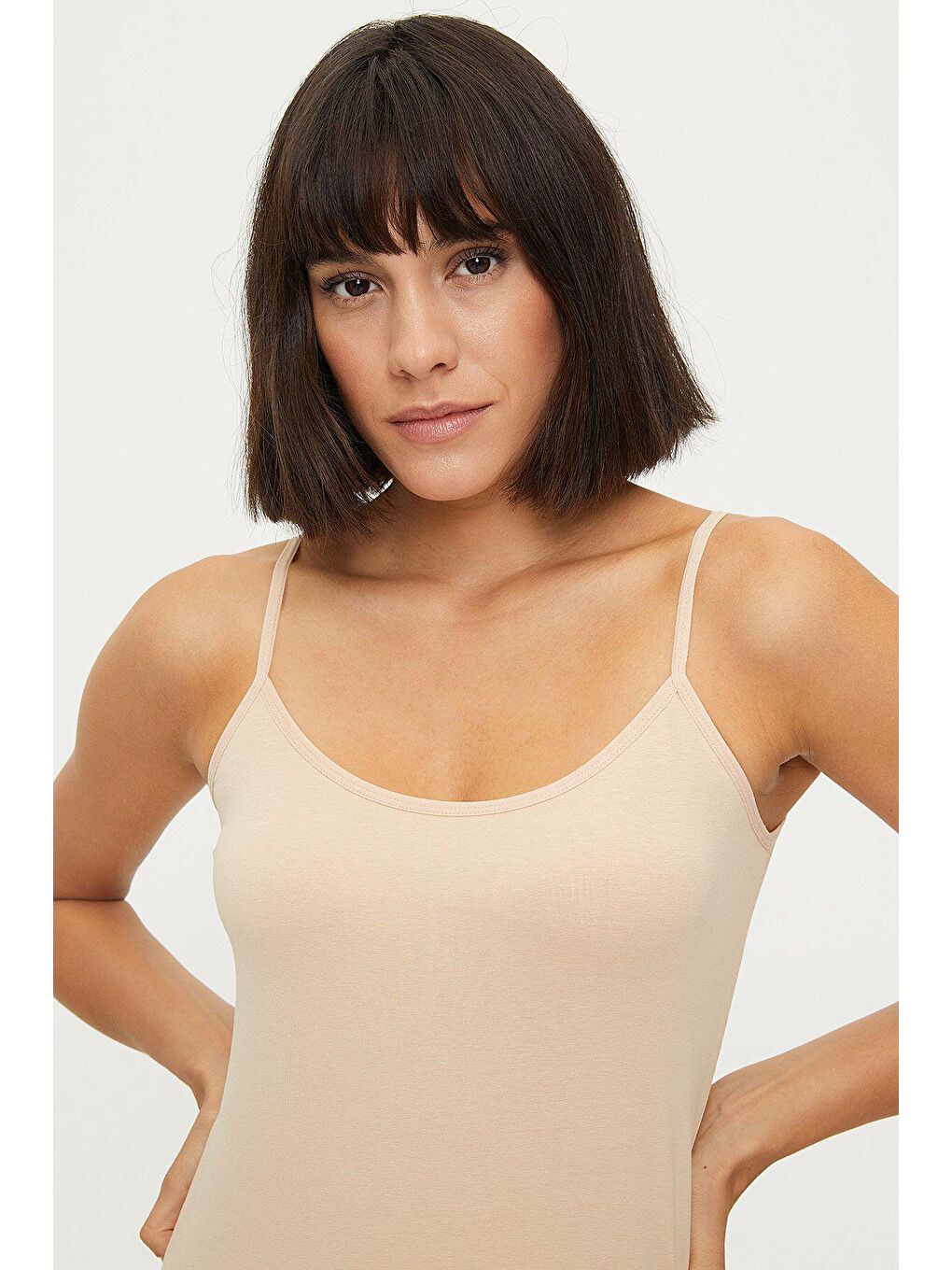 Bej 6'lı Kadın Ten %100  Pamuk Ribana İp Askılı Atlet