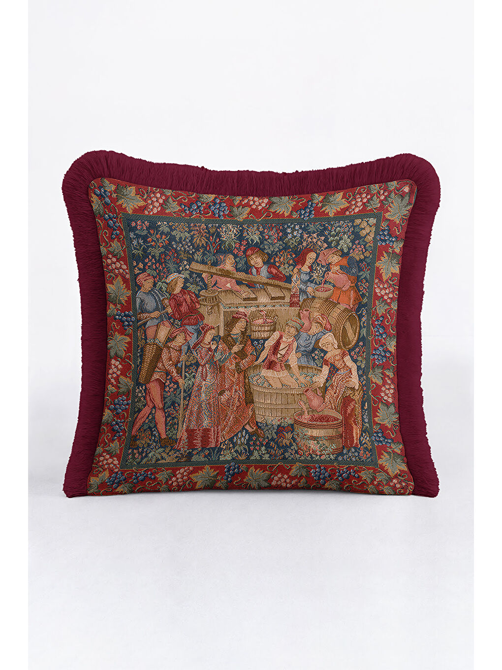 Karışık Kraliyet Şıklığı Saçaklı Yastık Kılıfı - Orta Çağ Vintage Rustik Bordo Püsküllü Kırlent Kılıfı-1