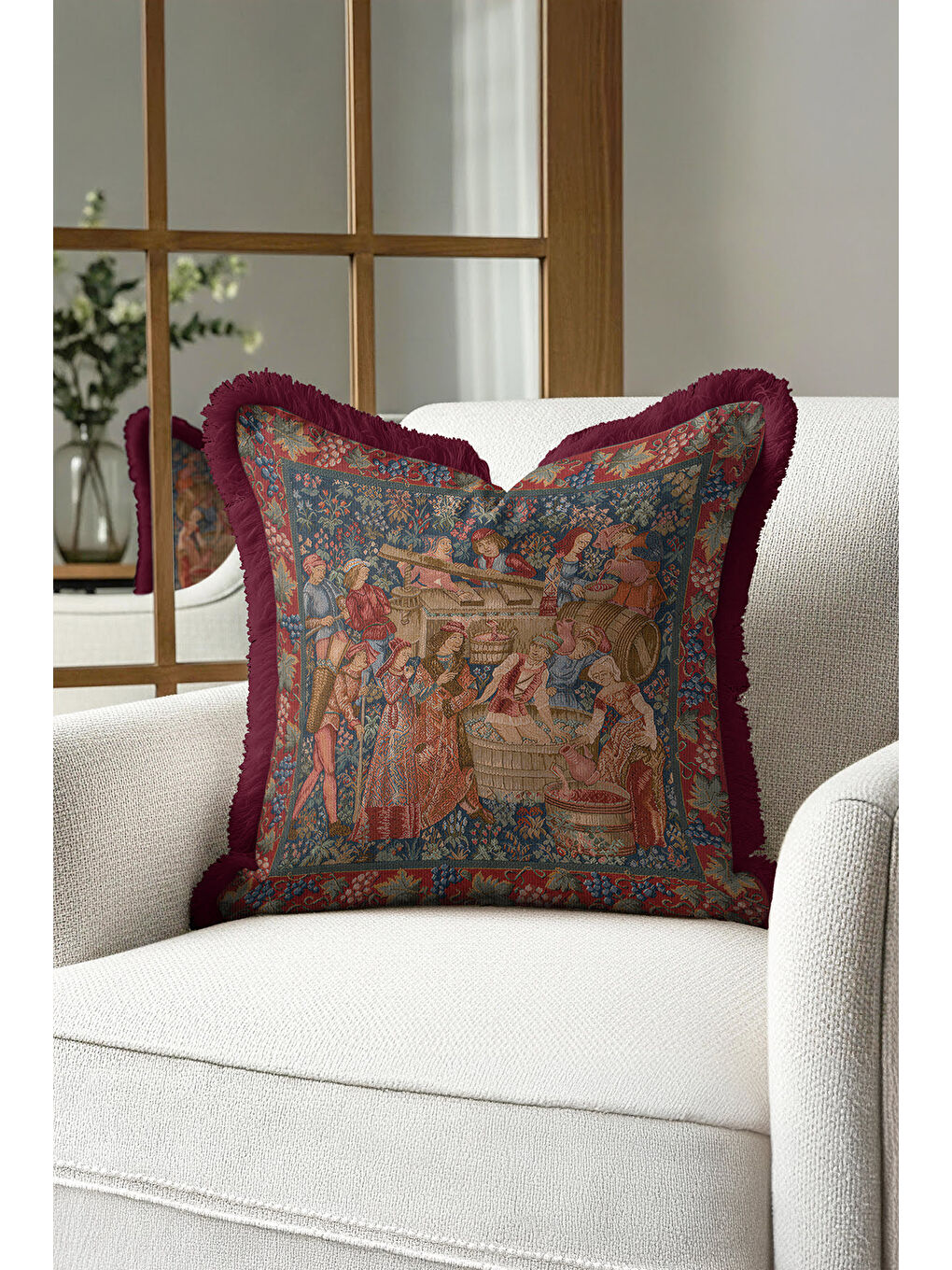 Karışık Kraliyet Şıklığı Saçaklı Yastık Kılıfı - Orta Çağ Vintage Rustik Bordo Püsküllü Kırlent Kılıfı-2