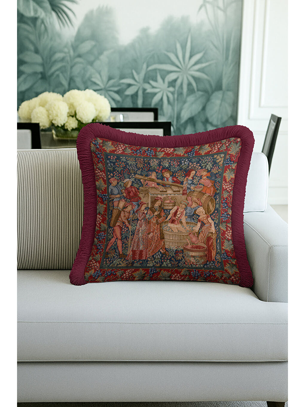 Karışık Kraliyet Şıklığı Saçaklı Yastık Kılıfı - Orta Çağ Vintage Rustik Bordo Püsküllü Kırlent Kılıfı-3