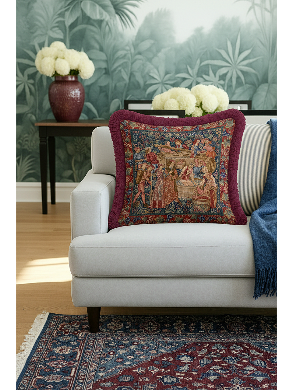 Karışık Kraliyet Şıklığı Saçaklı Yastık Kılıfı - Orta Çağ Vintage Rustik Bordo Püsküllü Kırlent Kılıfı-4