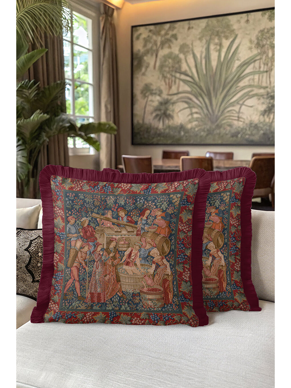 Karışık Kraliyet Şıklığı Saçaklı Yastık Kılıfı - Orta Çağ Vintage Rustik Bordo Püsküllü Kırlent Kılıfı-5