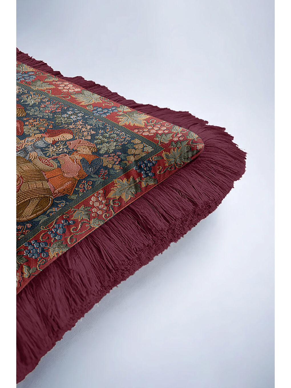 Karışık Kraliyet Şıklığı Saçaklı Yastık Kılıfı - Orta Çağ Vintage Rustik Bordo Püsküllü Kırlent Kılıfı-6