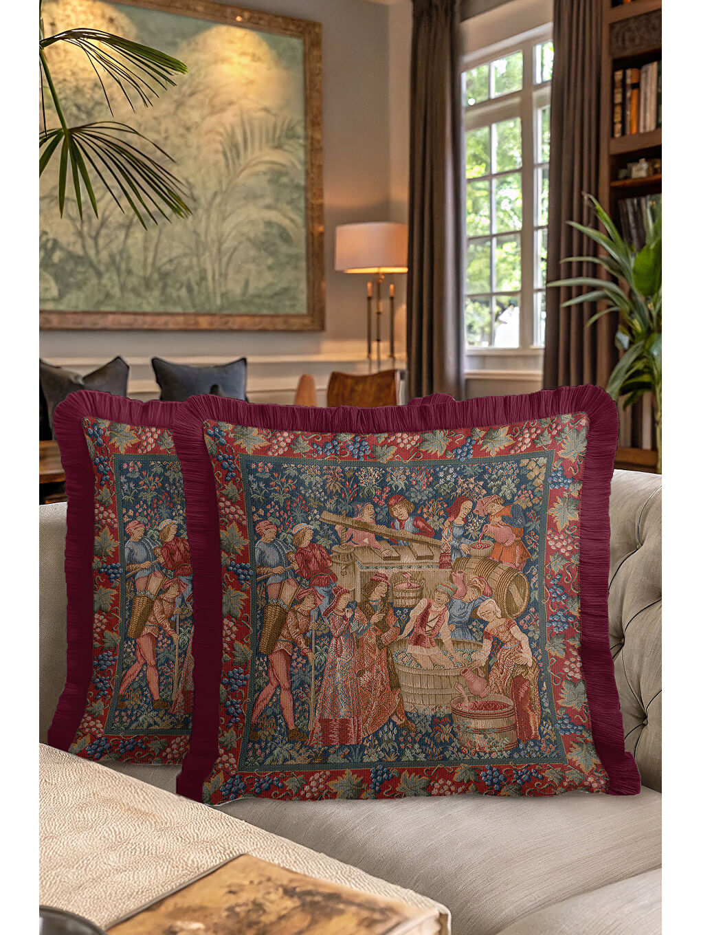 Karışık Kraliyet Şıklığı Saçaklı Yastık Kılıfı - Orta Çağ Vintage Rustik Bordo Püsküllü Kırlent Kılıfı-7