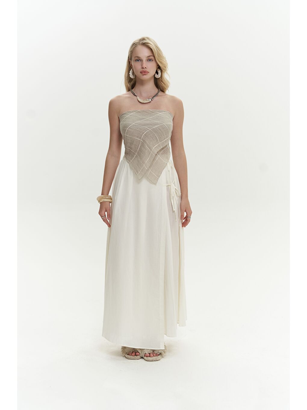 Aida İp Detay Pileli Ekru Etek-1