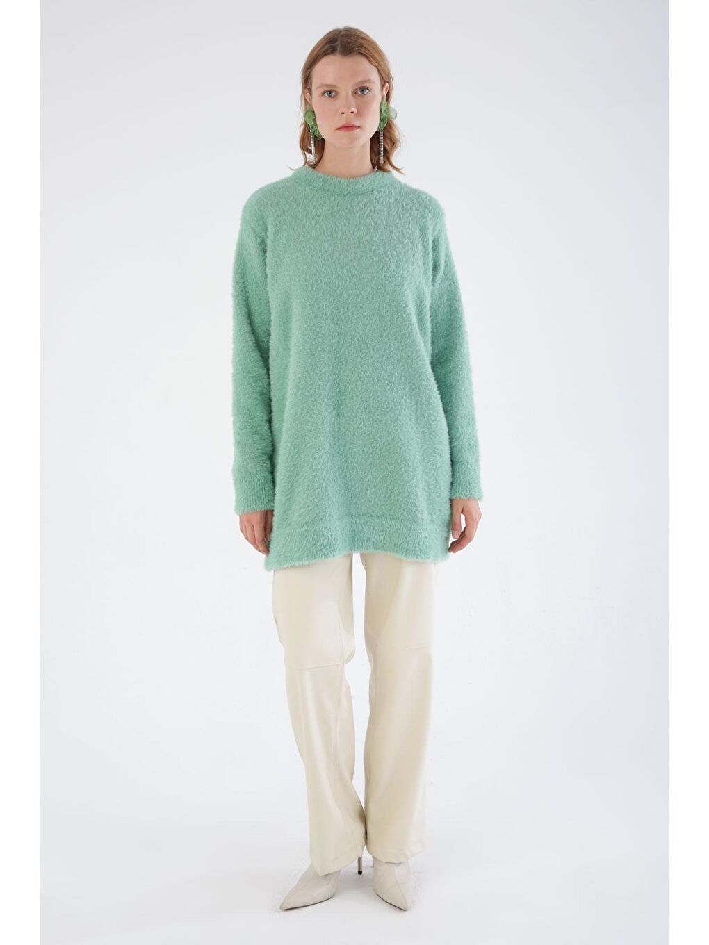 Turkuaz Su Yeşili Bisiklet Yaka Triko Tunik-1