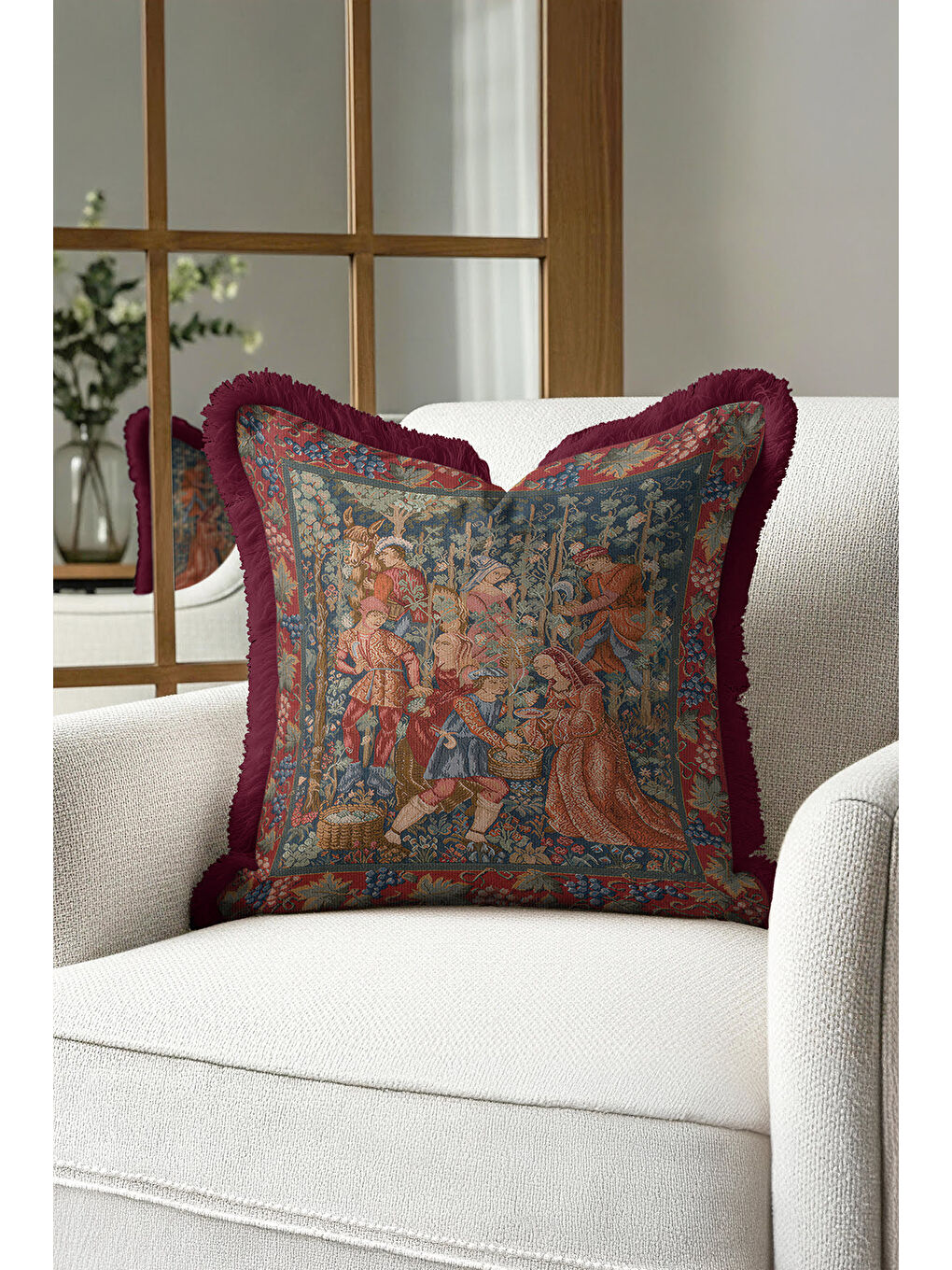 Karışık Avangart Kraliyet Sarayı Saçaklı Yastık Kılıfı - Gotik Nostaljik Rengi Püsküllü Kırlent Kılıfı-1