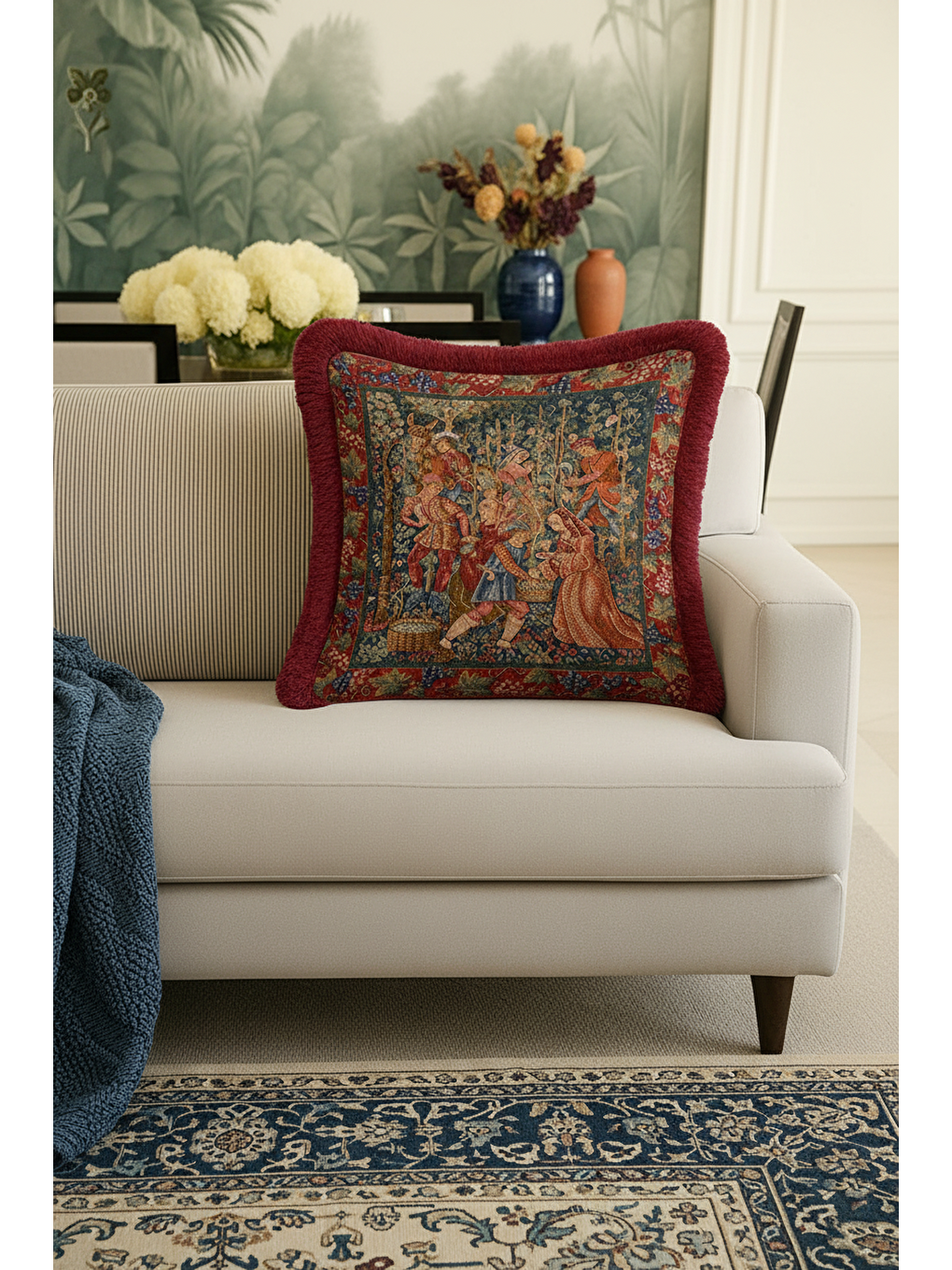 Karışık Avangart Kraliyet Sarayı Saçaklı Yastık Kılıfı - Gotik Nostaljik Rengi Püsküllü Kırlent Kılıfı-4