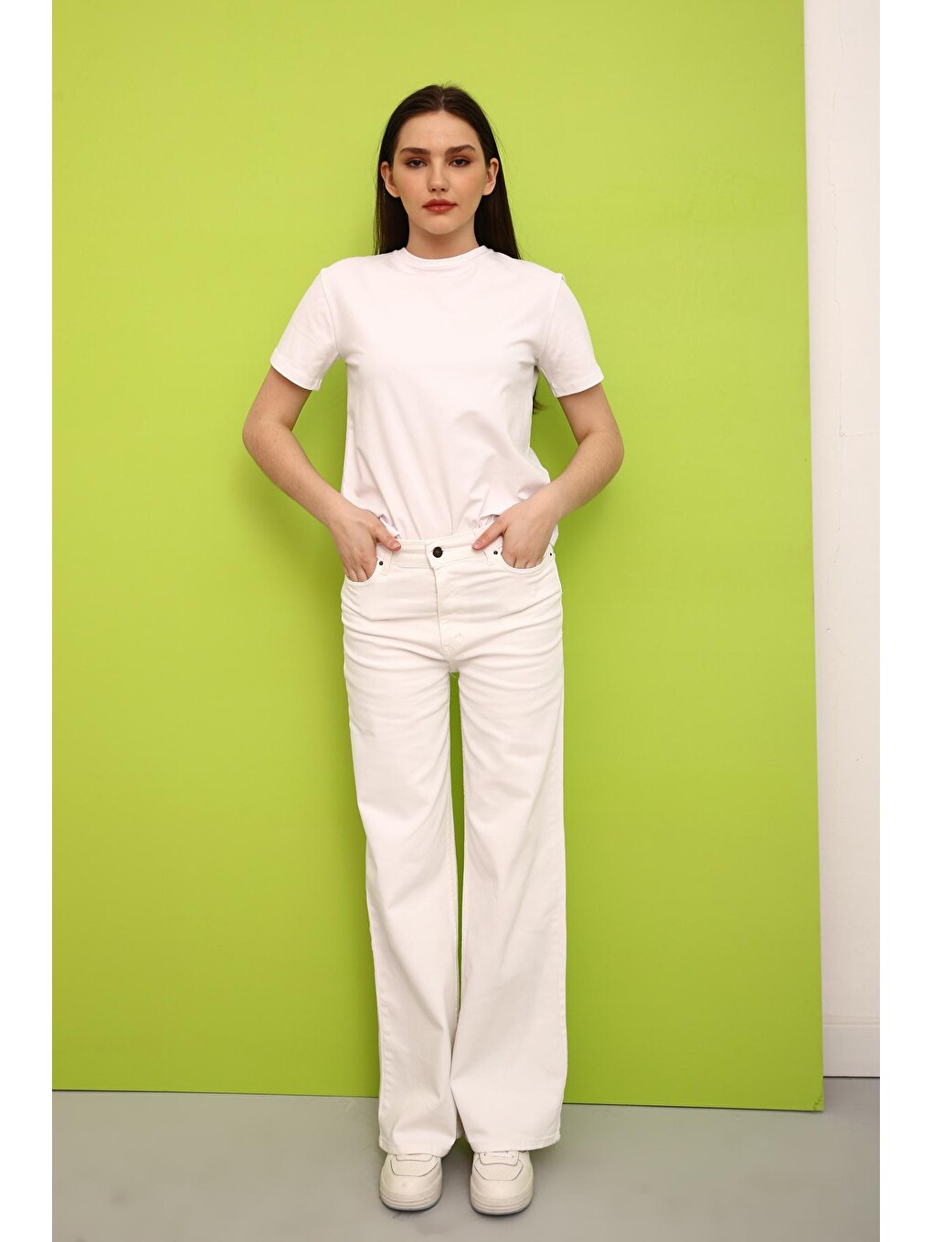 Beyaz Wide Leg Yüksek Bel Pantolon-2